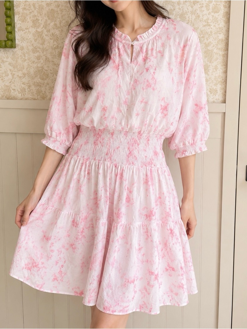 Nine West Pink Watercolor Smocked Mini Dress Size Large